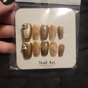 Handmade Gold Glitter/Marble Press On Nails Size Small (005)